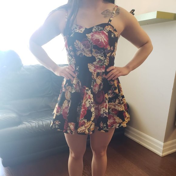 Black Floral Pattern Skater Dress - Picture 2 of 9